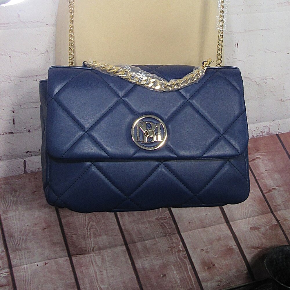 BADGLEY MISCHKA NWT NAVY BLUE QUILTED FLAP BAG+ TURN LOCK + CHAINS